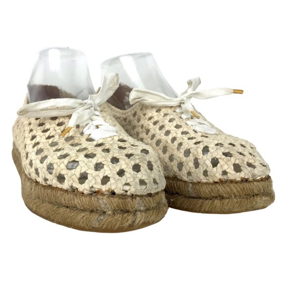 Saint Laurent Womens 7 38 Cream Espadrille Lace Up Loafers Woven Round Toe - Picture 16 of 16